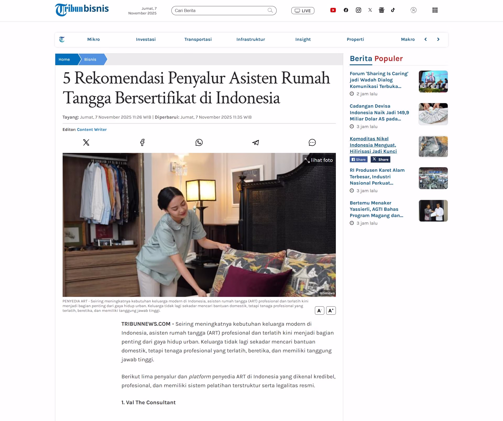 Tribunnews - Rekomendasi-penyalur asisten rumah tangga bersertifikat di indonesia Val The Consultant
